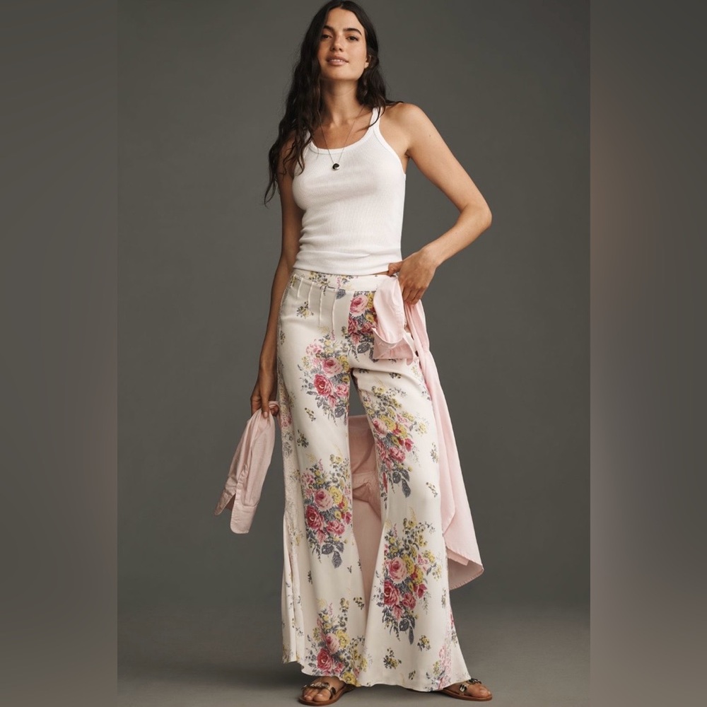 Anthropologie Floral Wide-Leg Pants - Cream and Pink - Picture 4 of 7